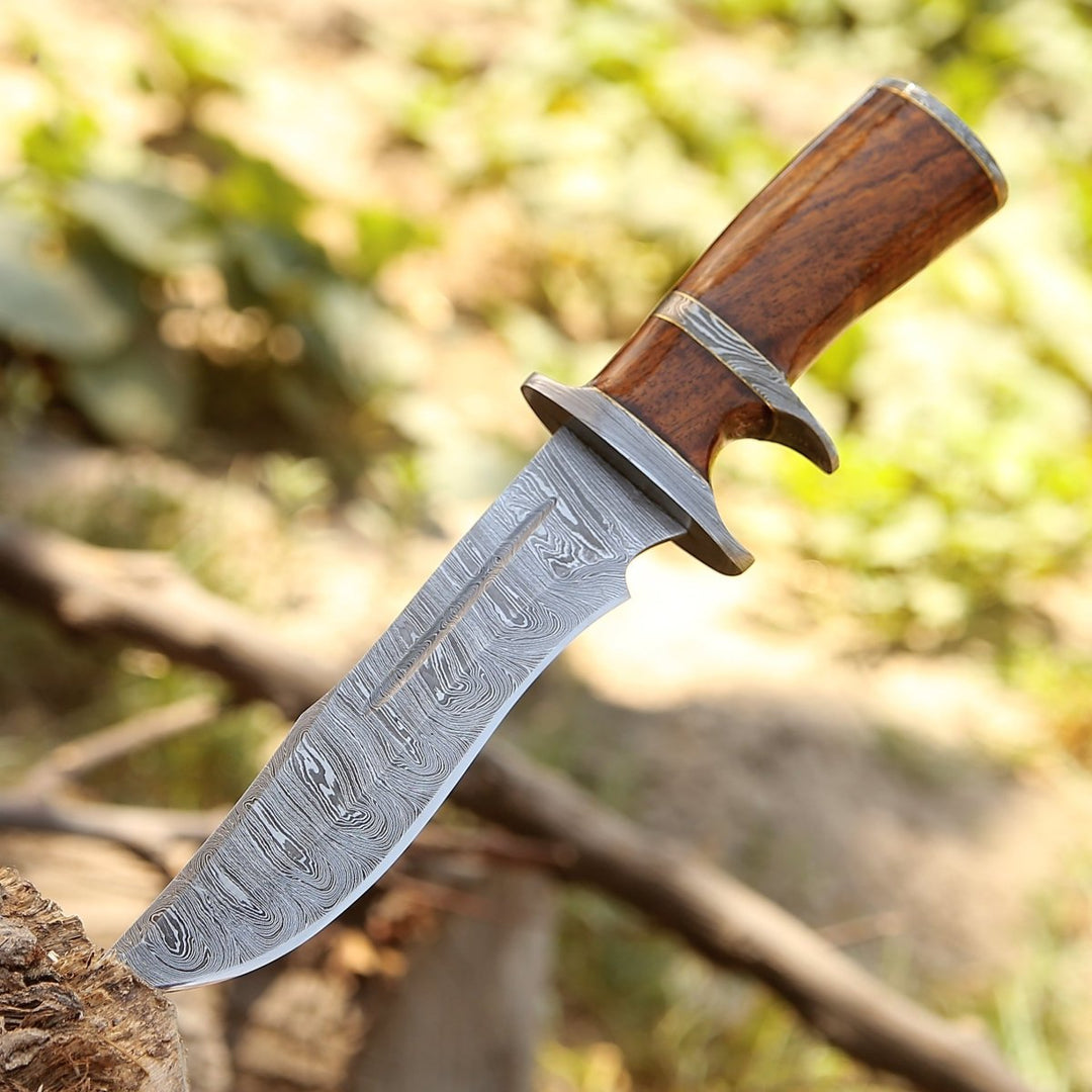 Engraved Bowie Knife – Raider Damascus Steel Bowie Knife with Exotic Rose Wood Handle &amp; Sheath – shokuninusa