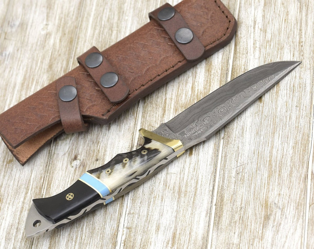 traditional hunting knives for sale - Reaver Hunting Knife with Ram Horn &amp; Turquoise Handle - Shokunin USA