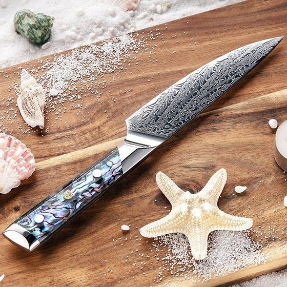 Custom Damascus Rings – Ronin Japanese Handmade Chef Knife VG10 Damascus Petty Knife with Abalone Shell Handle – shokuninusa
