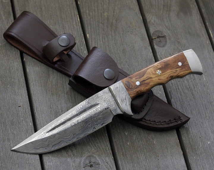 Custom Leather Knives - Rune Camping Knife with Exotic Leopard Wood Handle - Shokunin USA