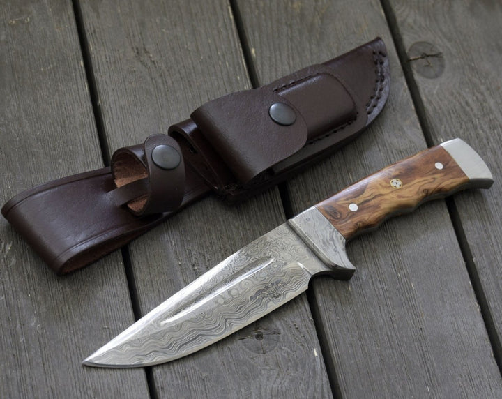 Leather Custom Knife - Rune Camping Knife with Exotic Leopard Wood Handle - Shokunin USA