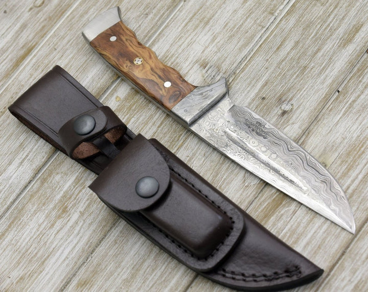 Leather Custom Knives - Rune Camping Knife with Exotic Leopard Wood Handle - Shokunin USA