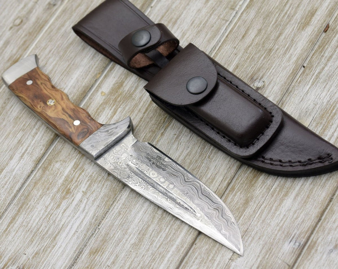 Camp Knife Leather - Rune Camping Knife with Exotic Leopard Wood Handle - Shokunin USA