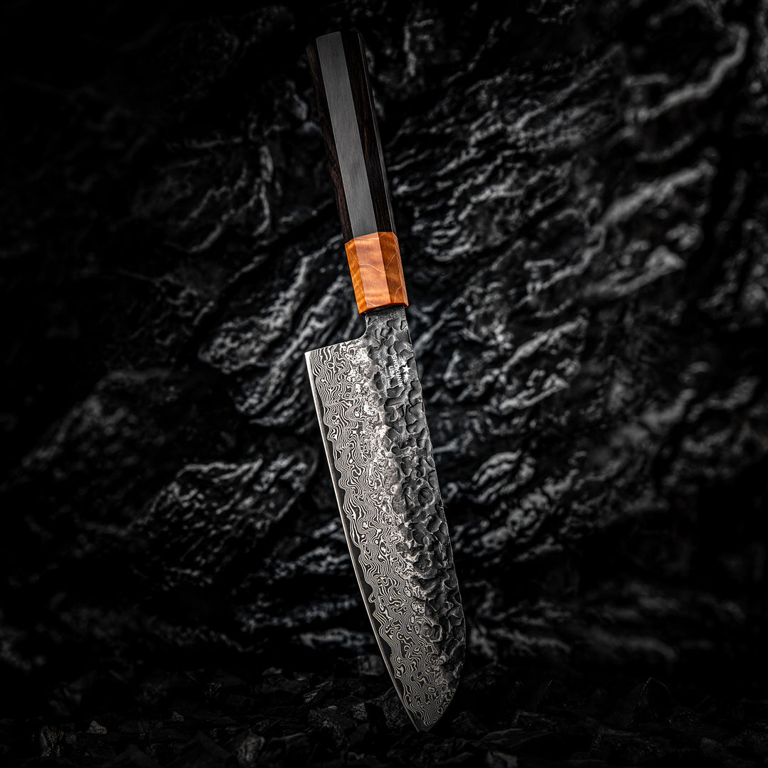 Chef knife - Sterling VG10 Damascus Santoku Knife with Exotic Ebony Wood Composite Handle - Shokunin USA