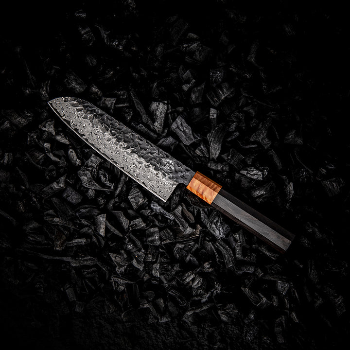 Chef knife - Sterling VG10 Damascus Santoku Knife with Exotic Ebony Wood Composite Handle - Shokunin USA