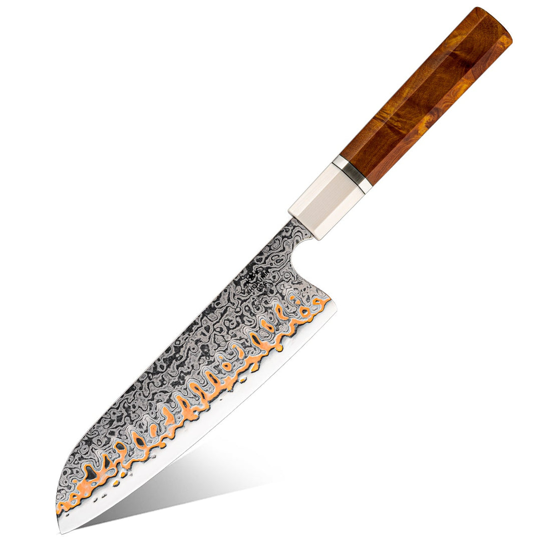Chef knife - Raiden Handmade Japanese Santoku Knife - Exotic Rosewood Burl Composite Handle - Shokunin USA