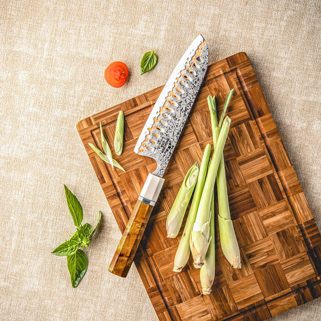 Chef knife - Raiden Handmade Japanese Santoku Knife - Exotic Rosewood Burl Composite Handle - Shokunin USA