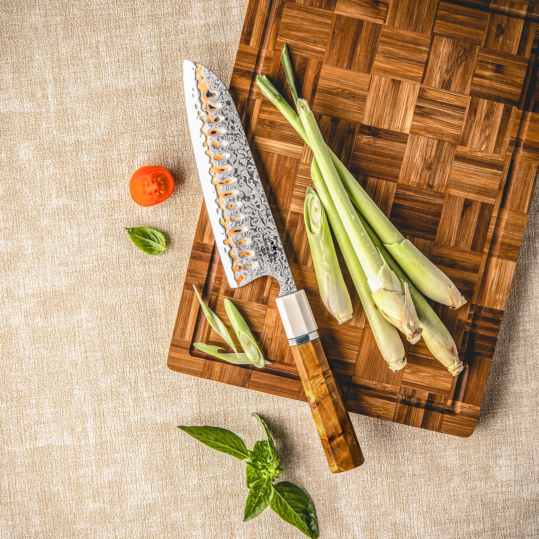 Chef knife - Raiden Handmade Japanese Santoku Knife - Exotic Rosewood Burl Composite Handle - Shokunin USA