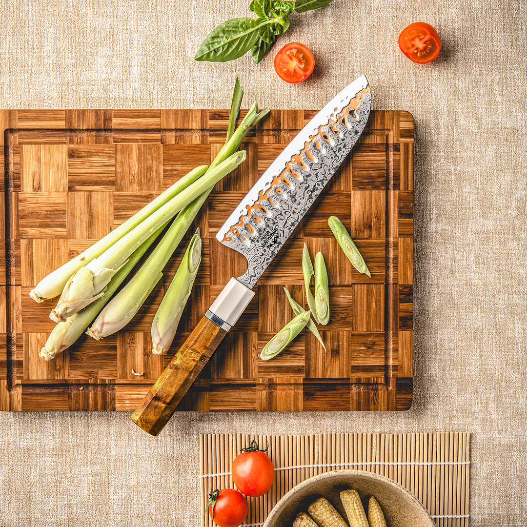 Chef knife - Raiden Handmade Japanese Santoku Knife - Exotic Rosewood Burl Composite Handle - Shokunin USA