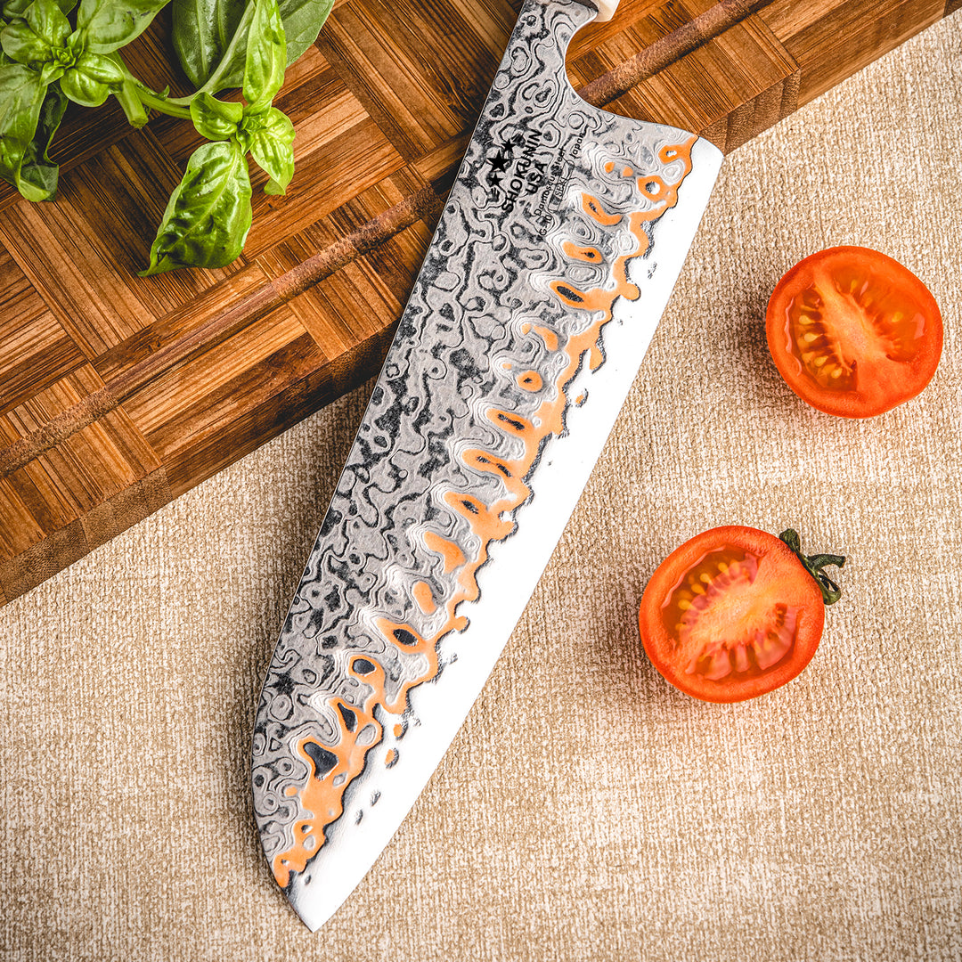 Chef knife - Raiden Handmade Japanese Santoku Knife - Exotic Rosewood Burl Composite Handle - Shokunin USA