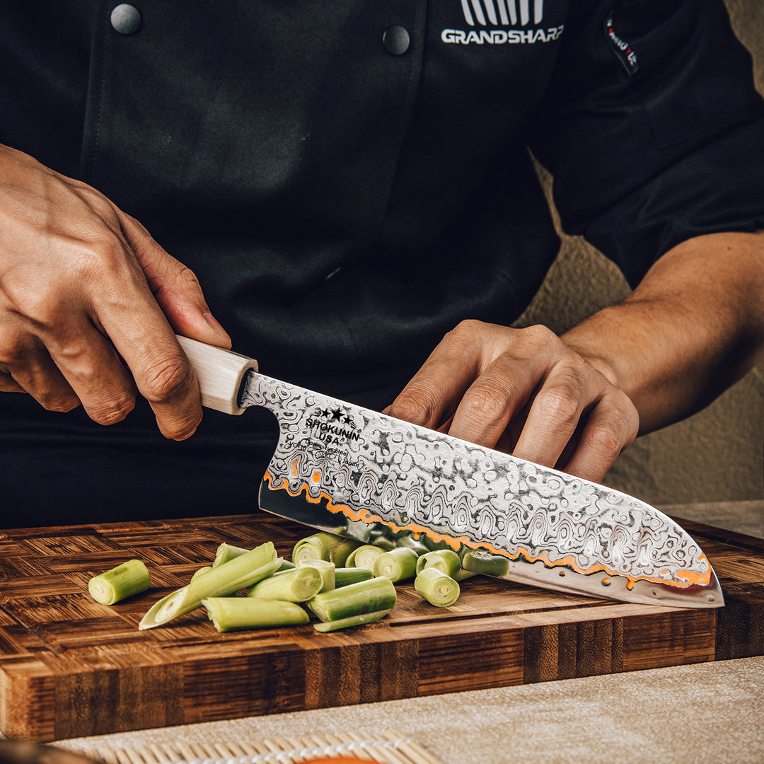 Chef knife - Raiden Handmade Japanese Santoku Knife - Exotic Rosewood Burl Composite Handle - Shokunin USA