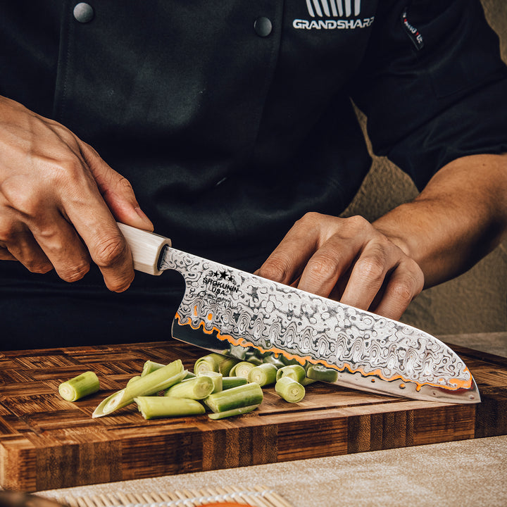 Chef knife - Raiden Handmade Japanese Santoku Knife - Exotic Rosewood Burl Composite Handle - Shokunin USA