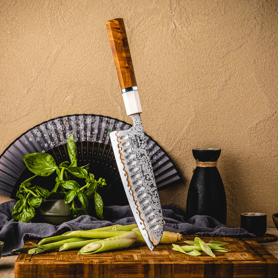 Chef knife - Raiden Handmade Japanese Santoku Knife - Exotic Rosewood Burl Composite Handle - Shokunin USA