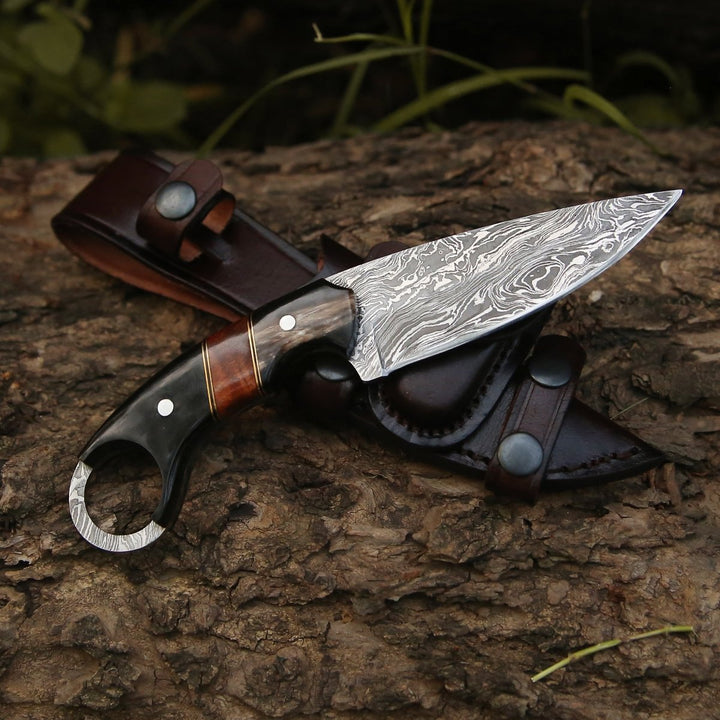 Shadow Damascus Knives - Shadow Damascus Knife with Horn &amp; Exotic Rose Wood Handle - Shokunin USA