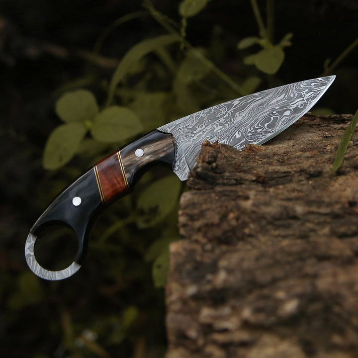 Shadow Damascus Knife - Shadow Damascus Knife with Horn &amp; Exotic Rose Wood Handle - Shokunin USA