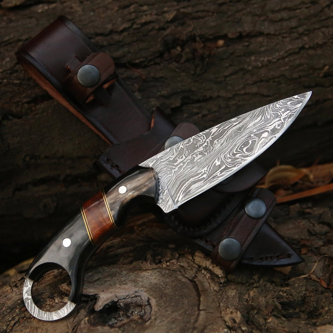 Shadow Knives - Shadow Damascus Knife with Horn &amp; Exotic Rose Wood Handle - Shokunin USA