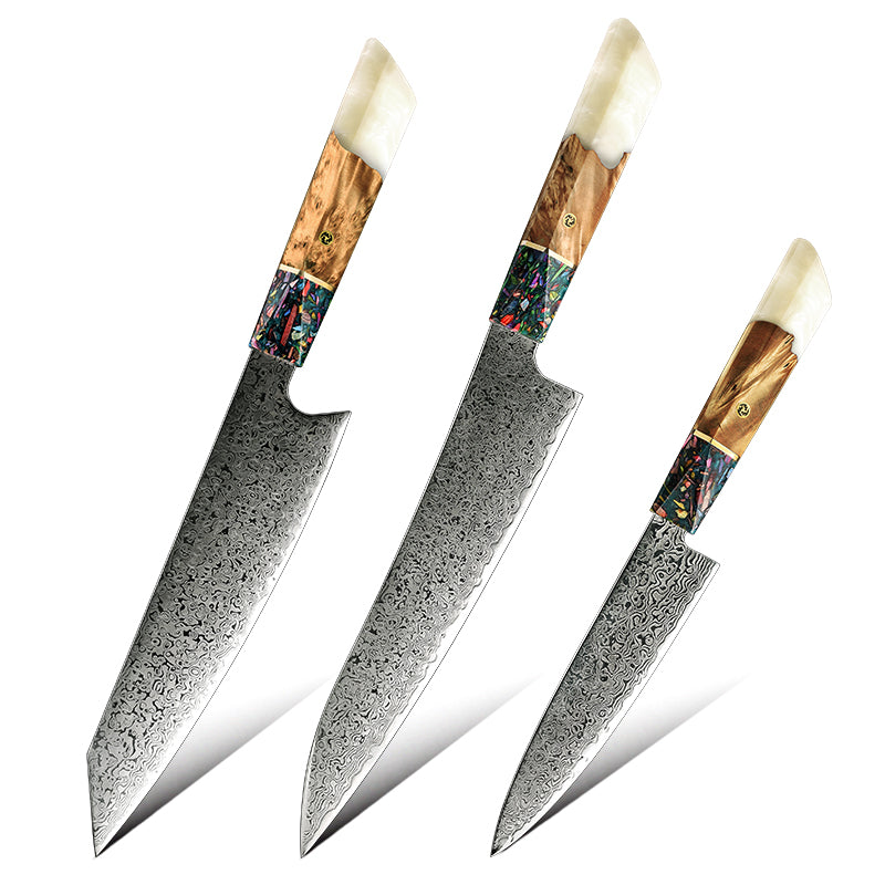 Chef Knife Set - Pristine VG10 Chef Knife Set with Exotic Olive Burl Wood and Pearl Resin Handle - Shokunin USA