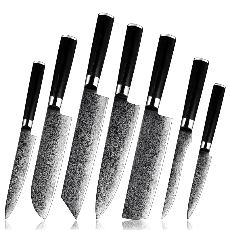 chef knife set - Noir Knife Set 7 Piece VG10 Stainless Damascus Steel with Black G10 Handle - Shokunin USA