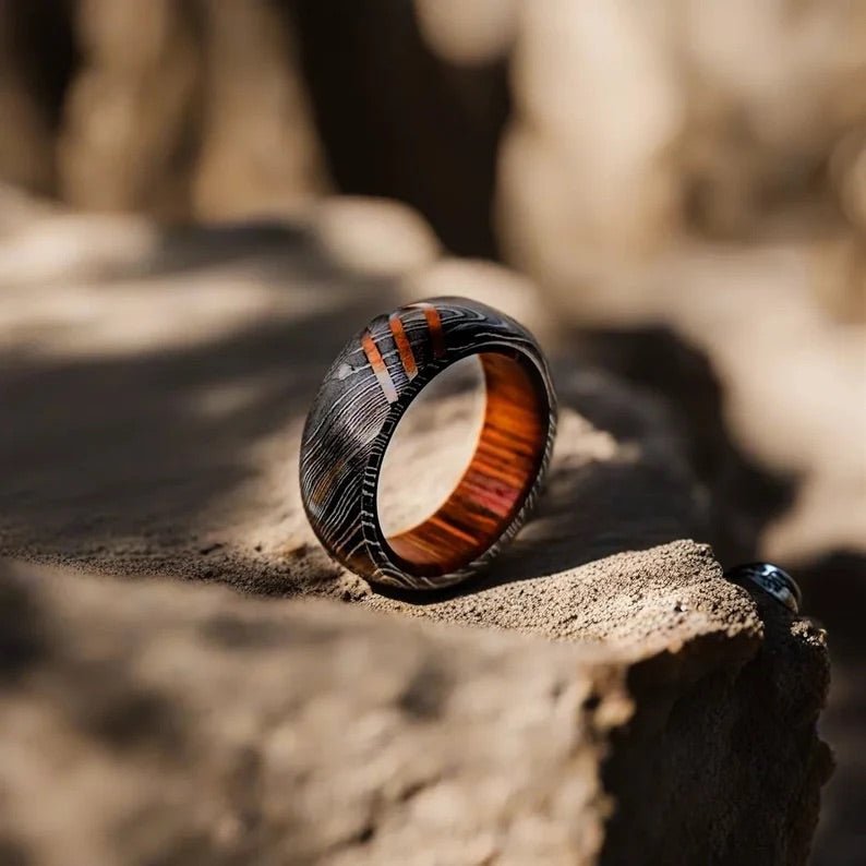 Titan Damascus Ring – Titan Damascus Steel Wedding Ring Band with Wood Inlay – shokuninusa