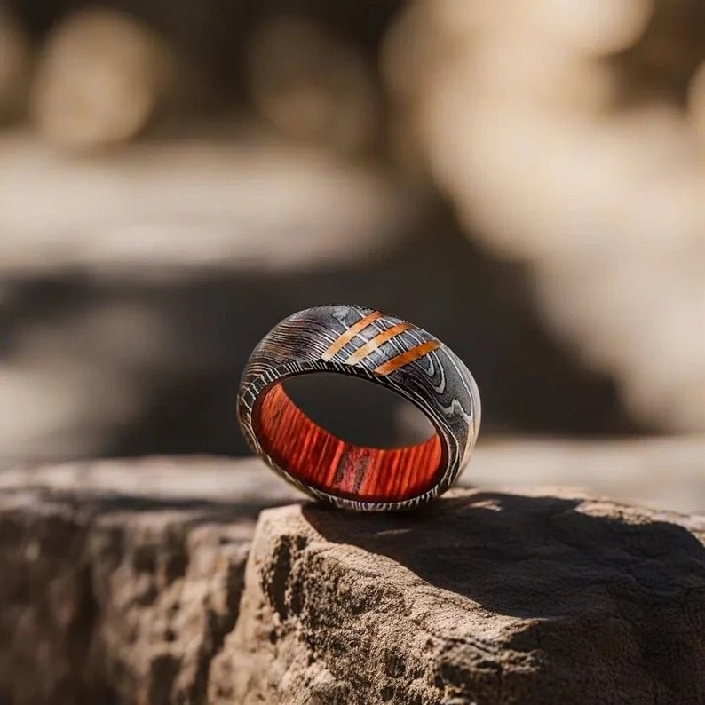 Titan Damascus Rings – Titan Damascus Steel Wedding Ring Band with Wood Inlay – shokuninusa