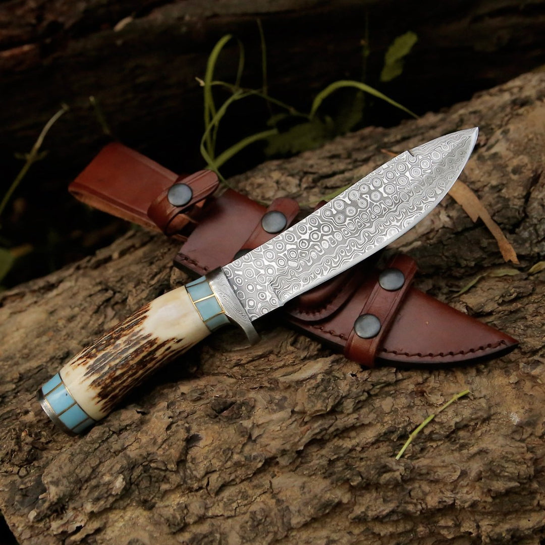 Antler Handle Knives – Viral Bull Nose Hunting Knife with Antler &amp; Turquoise Handle – shokuninusa