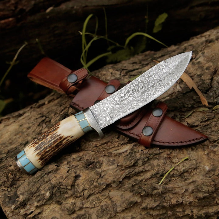 Antler Handle Knives – Viral Bull Nose Hunting Knife with Antler &amp; Turquoise Handle – shokuninusa