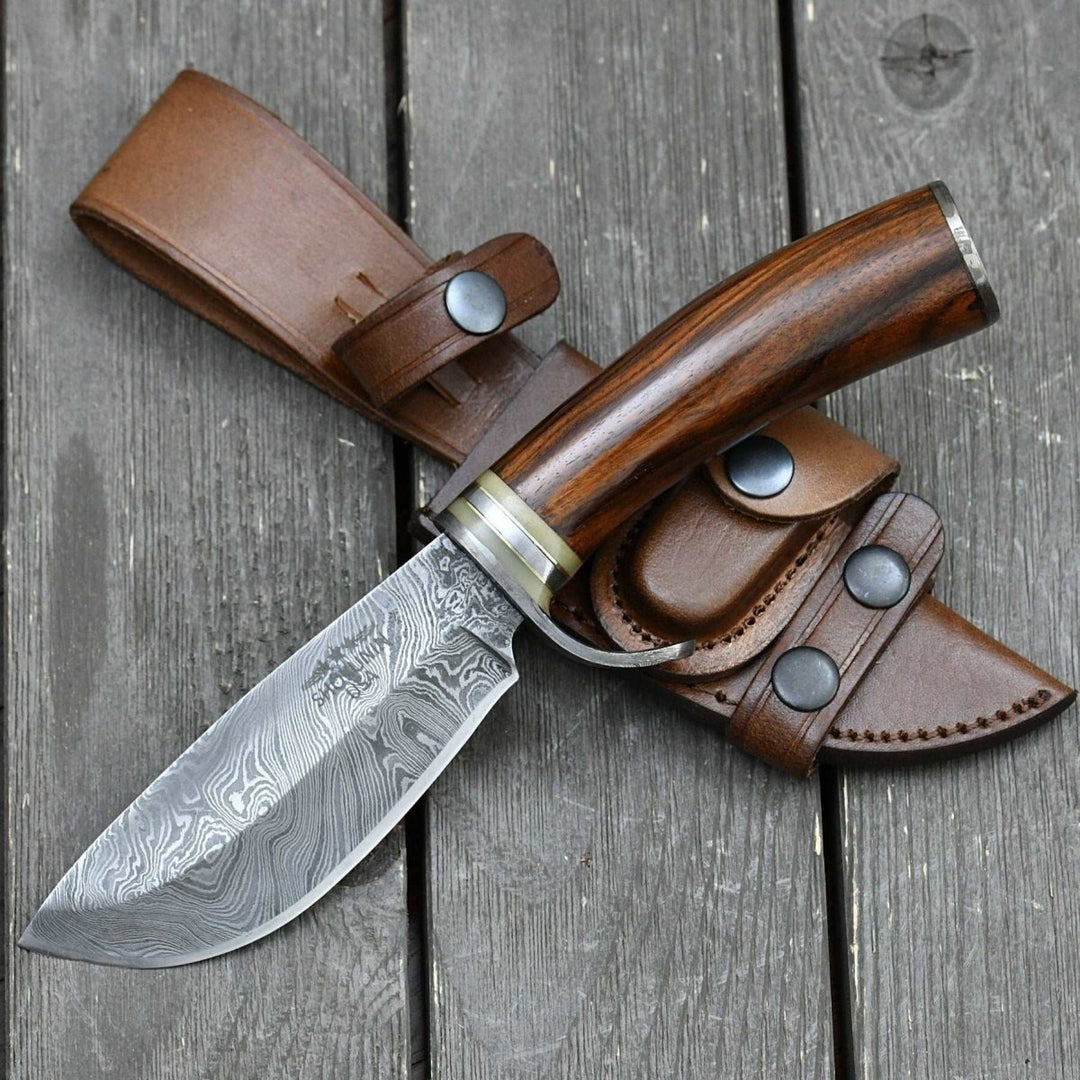 Zen Bowie Knife - Zen Damascus Hunting Knife with Exotic Rose Wood Handle - Shokunin USA
