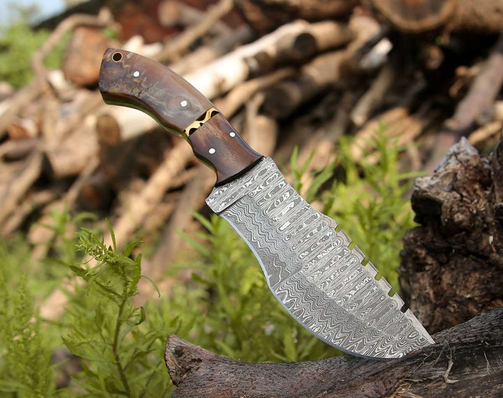 Utility Knife - Blast Damascus Tracker Knife with Ram Horn Handle - Shokunin USA