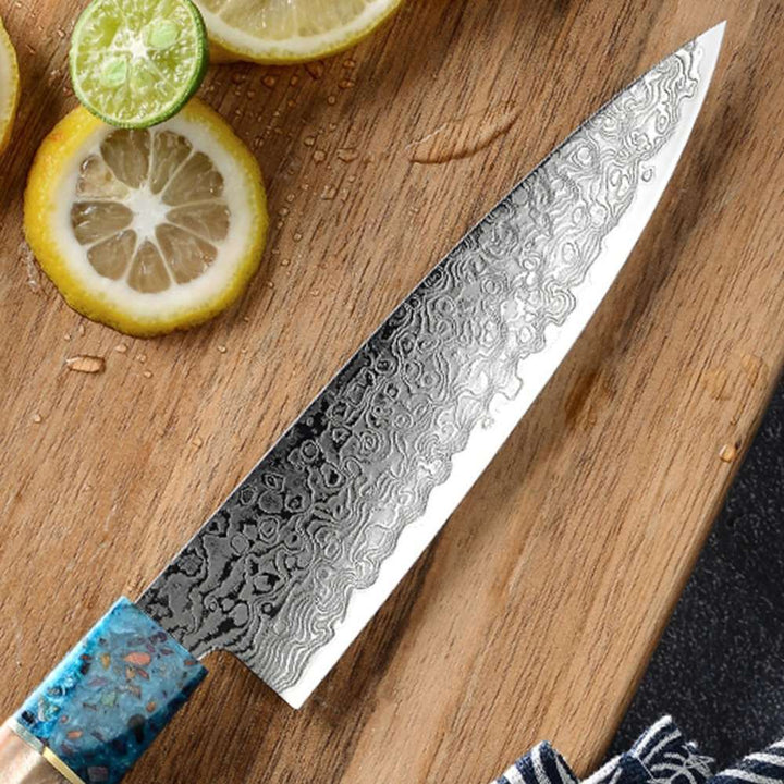 Chef knife - Cascade Damascus Chef Knife with Exotic Olive Wood & Resin Handle - Shokunin USA
