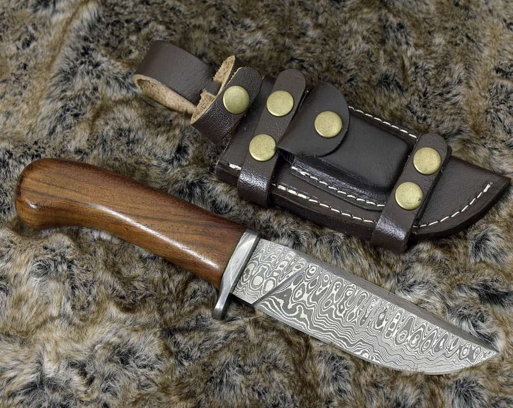 Damascus Knife - Clemence Damascus Engraved Hunting Knife with Exotic Rose Wood handle & Sheath - Shokunin USA