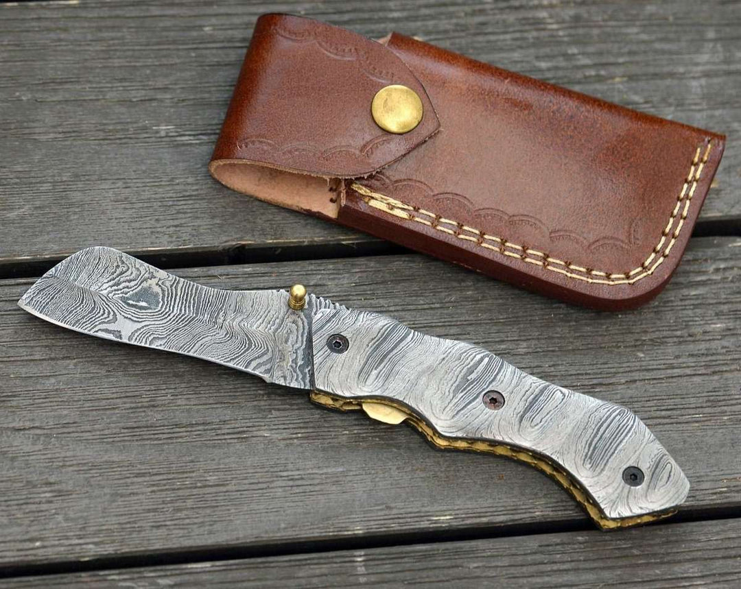 Damascus Knife - Damascene Gentleman's Cool Damascus Pocket Knife with Damascus Handle & Sheath - Shokunin USA