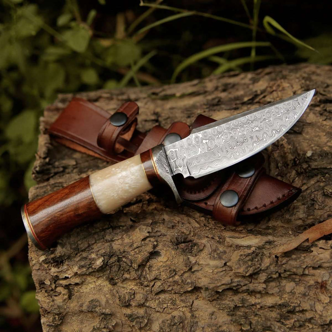 Damascus Knife - Elite Damascus Hunting Knife with Mother of Pearl & Rose Wood Handle - Shokunin USA