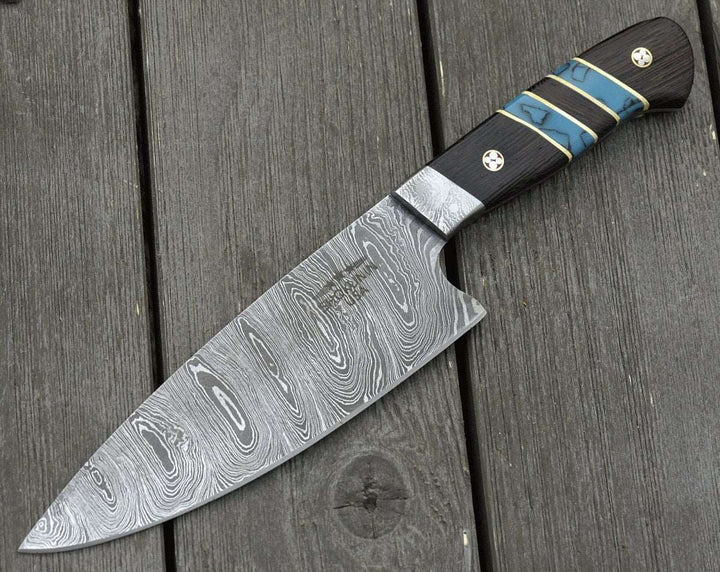 Chef knife - Epicurian Damascus Chef Knife with Exotic Wenge Wood & Turquoise Handle - Shokunin USA
