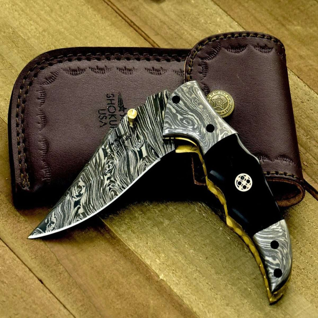 Folding Pocket Knife - Exodus Gentleman's Folding Knife with Black Handle and Knife Sharpener - Shokunin USA