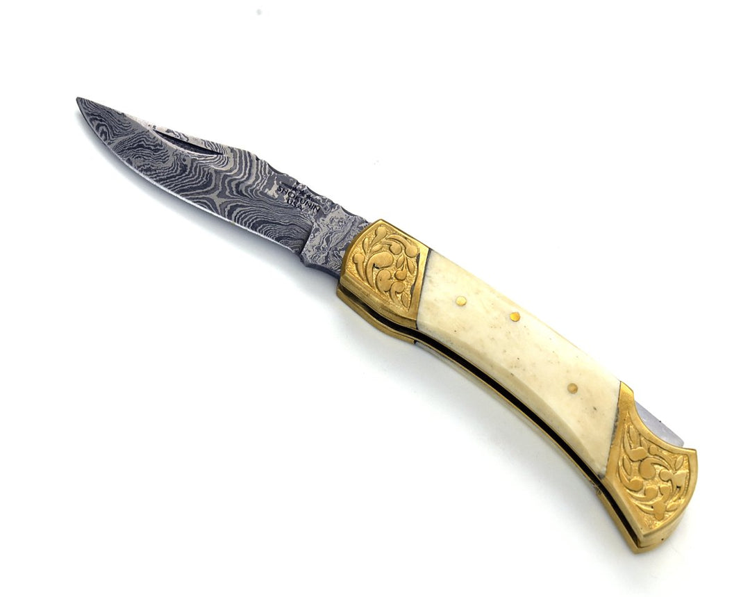 Gentleman's folder with case - Expedition Damascus Pocket Knife with Pakka Wood Handle - Shokunin USA