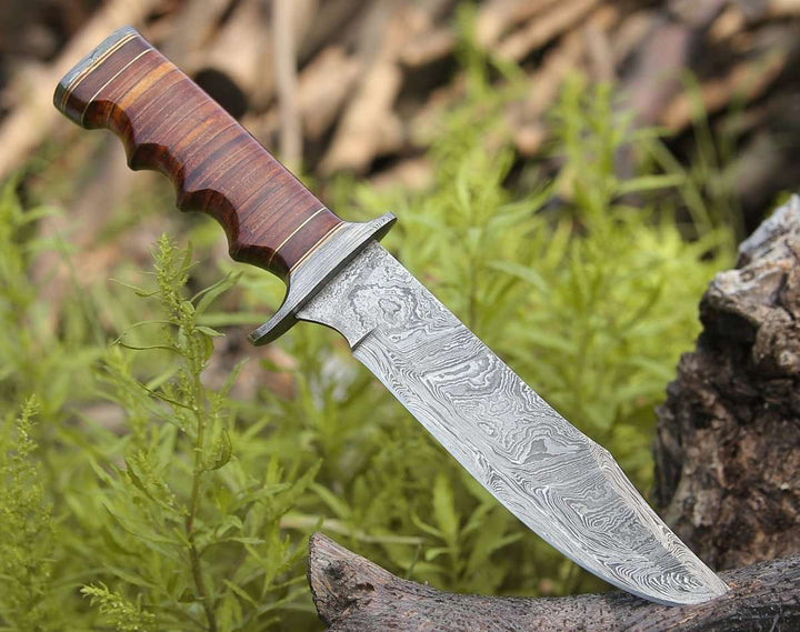 Damascus Steel Knife - Flux Bowie Knife with Stacked Leather Handle - Shokunin USA