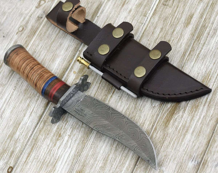 Utility Knife - Fusion Damascus Hunting Knife with Stacked Leather handle - Shokunin USA