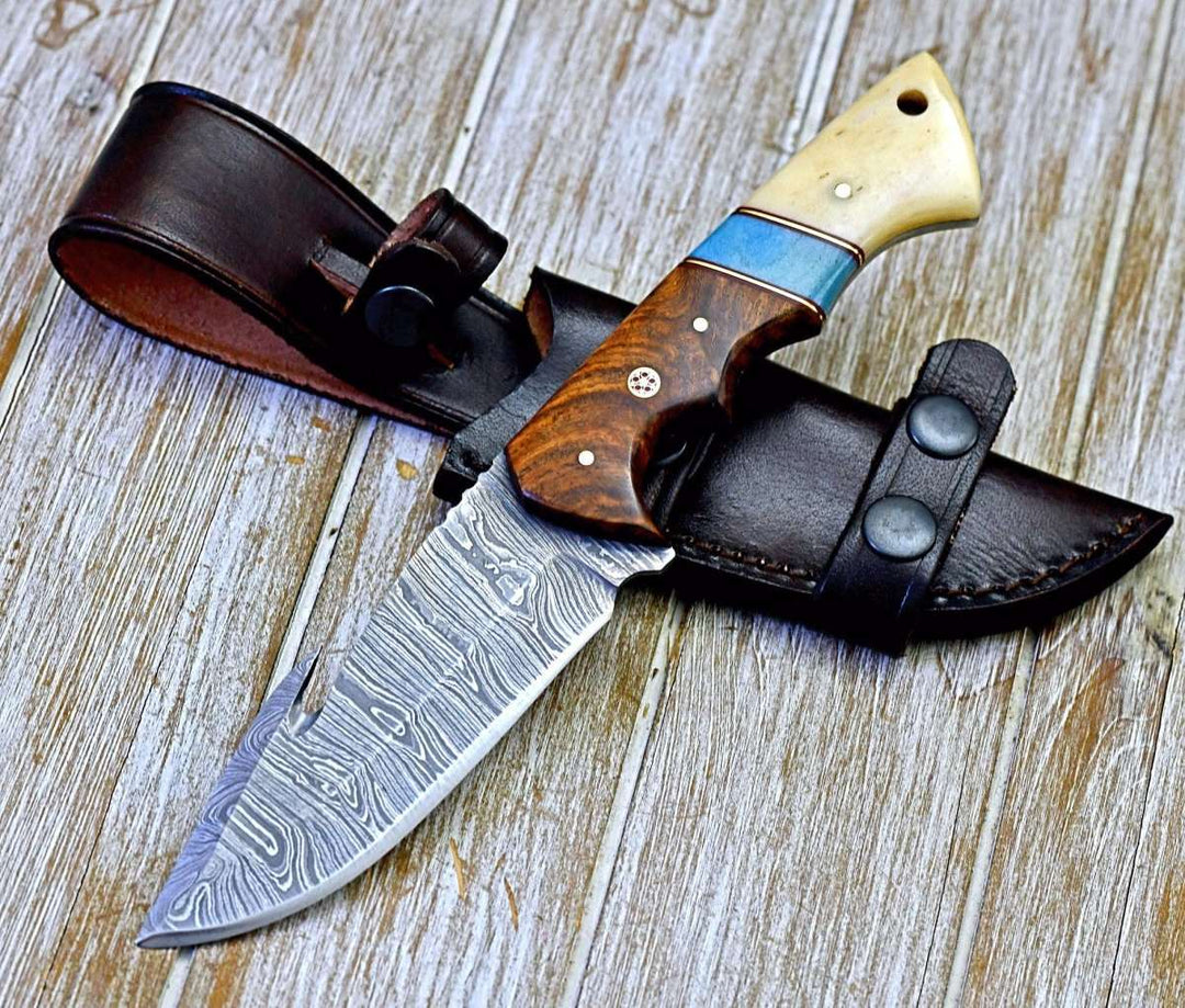 Damascus Knife - Gravity Damascus Gut Hook Hunting Knife with Exotic Rose Wood and Bone Handle - Shokunin USA