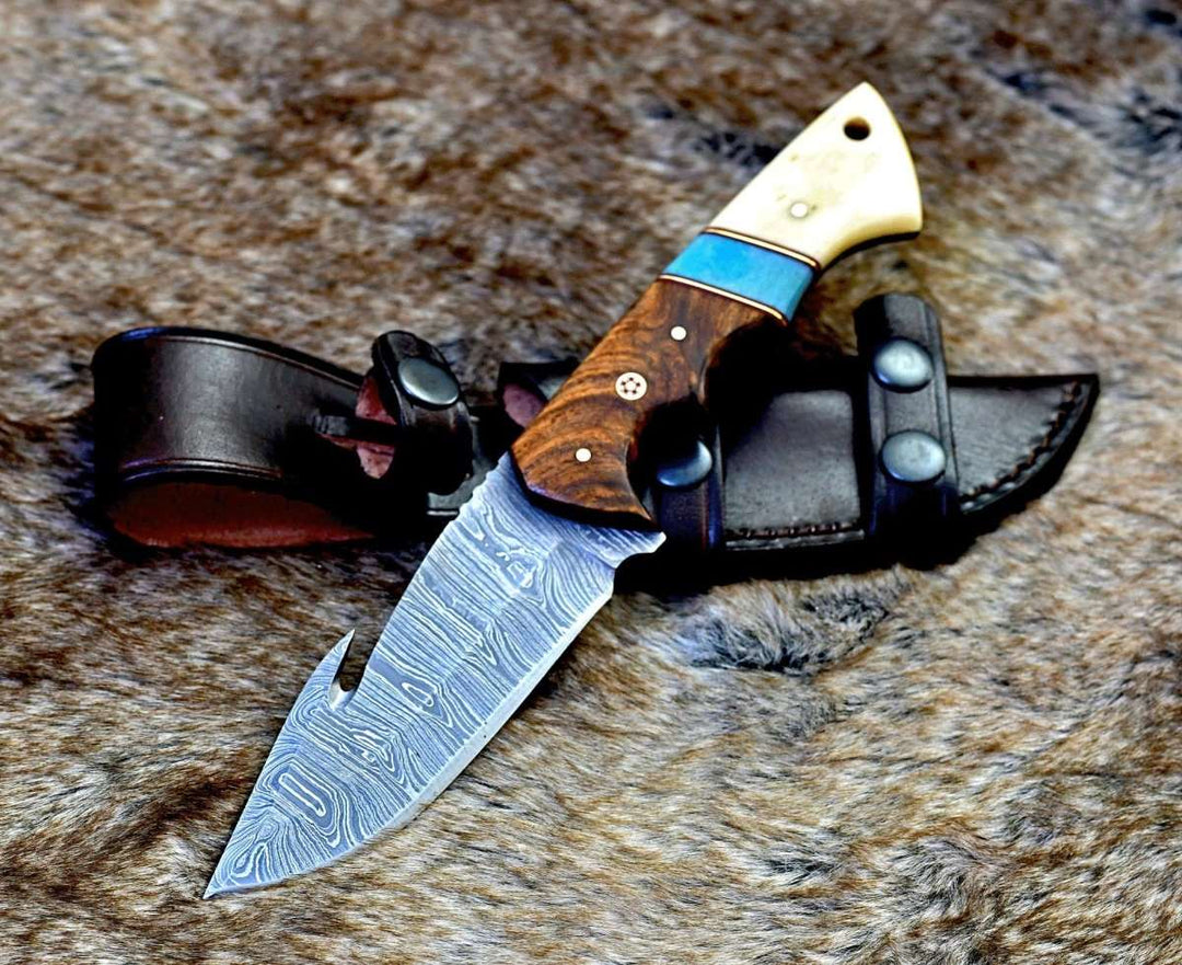 Damascus Knife - Gravity Damascus Gut Hook Hunting Knife with Exotic Rose Wood and Bone Handle - Shokunin USA