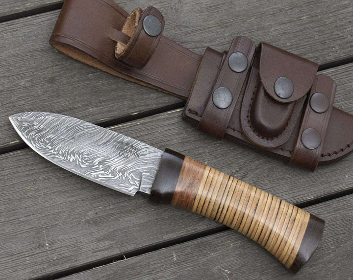 Damascus Knife - Hacker Camp knife Stacked Leather Handle - Shokunin USA