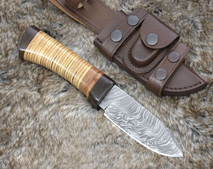 Damascus Knife - Hacker Camp knife Stacked Leather Handle - Shokunin USA