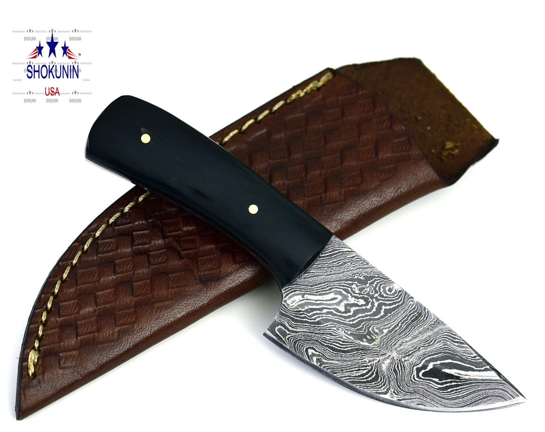 Damascus hunting knives gifts for dads - Hand Forged Damascus Steel Knife with Horn Handle &amp; Leather Sheath - Shokunin USA