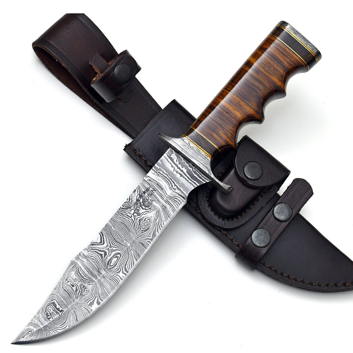 Flux Damascus Knife - Handmade Knife, Stacked Leather Handle with Leather Sheath - Hunting Knives- Hunting- ShokuninKnives