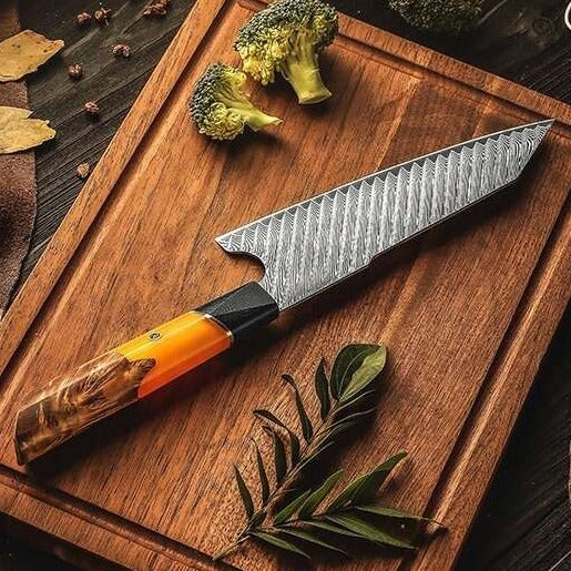 Chef Knife - Kotetsu Damascus Chef Knife with Exotic Olive Wood Burl Handle - Shokunin USA