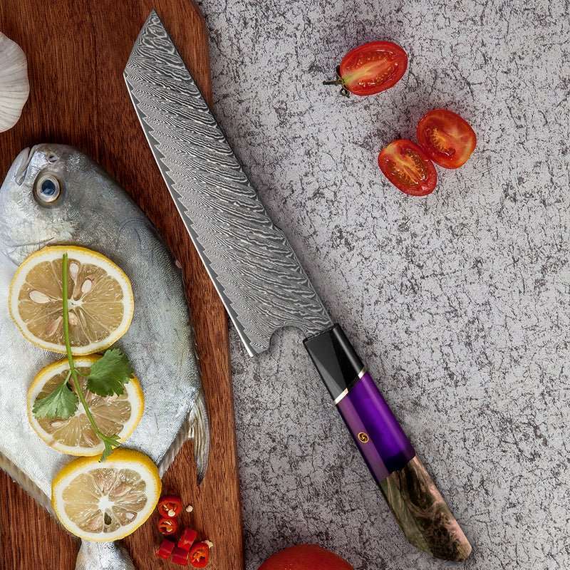 Chef Knife - Kotetsu VG10 Chef Knife Damascus Nakiri Knife with Exotic Rose Wood & Resin Handle - Shokunin USA