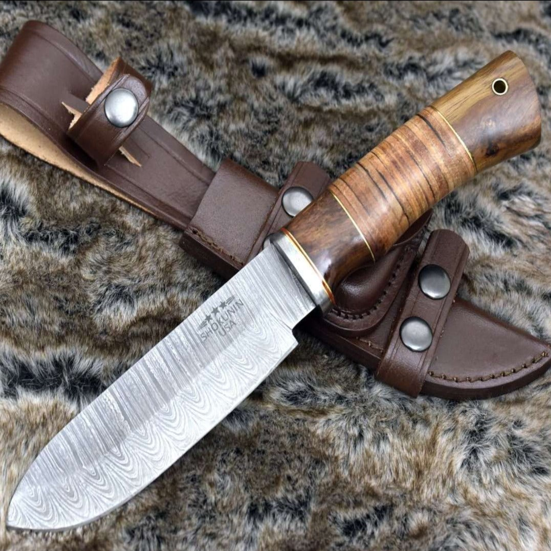 Damascus Knife - Miracle Damascus Hunting Knife with Stacked Leather Handle - Shokunin USA