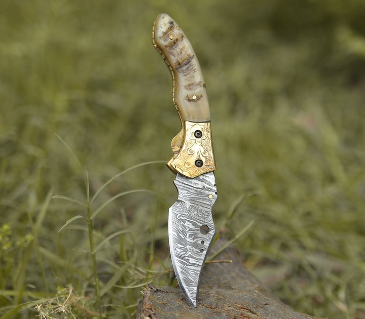 Damascus Knife - Myst Gentleman's Pocket Folder with Ram Horn Handle - Shokunin USA