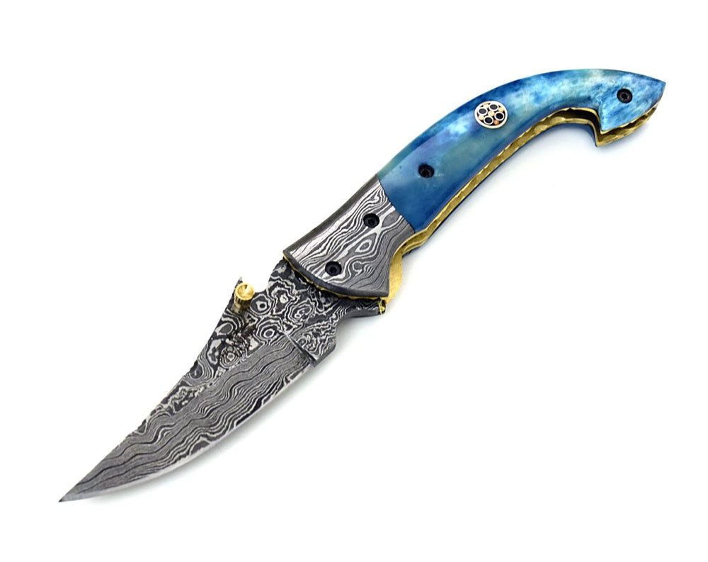 Damascus Knife - Neon Everyday Carry Pocket Knife with Bone Handle - Shokunin USA