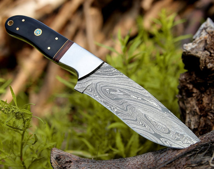 Damascus Knife - Nimbus Damascus Hutning Knife with Horn & Rose Wood Handle - Shokunin USA