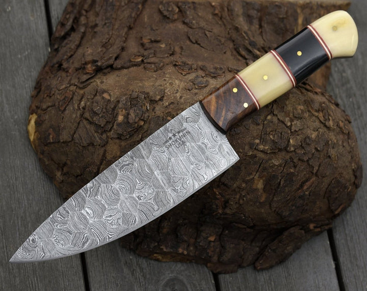 Chef Knife - Obsidian Damascus Chef Knife with Horn & Bone Handle - Shokunin USA